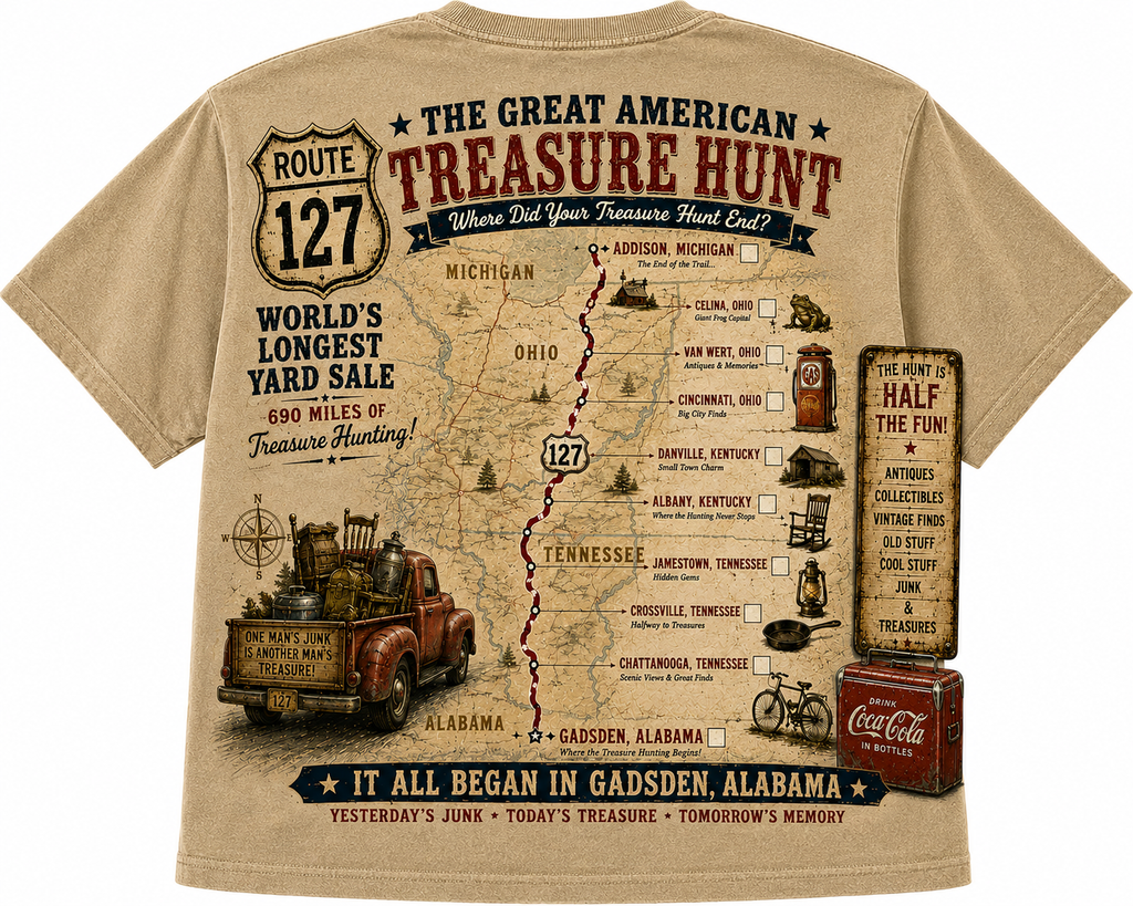 The Great American Treasure Hunt – Route 127 World's Longest Yard Sale Map T-Shirt
