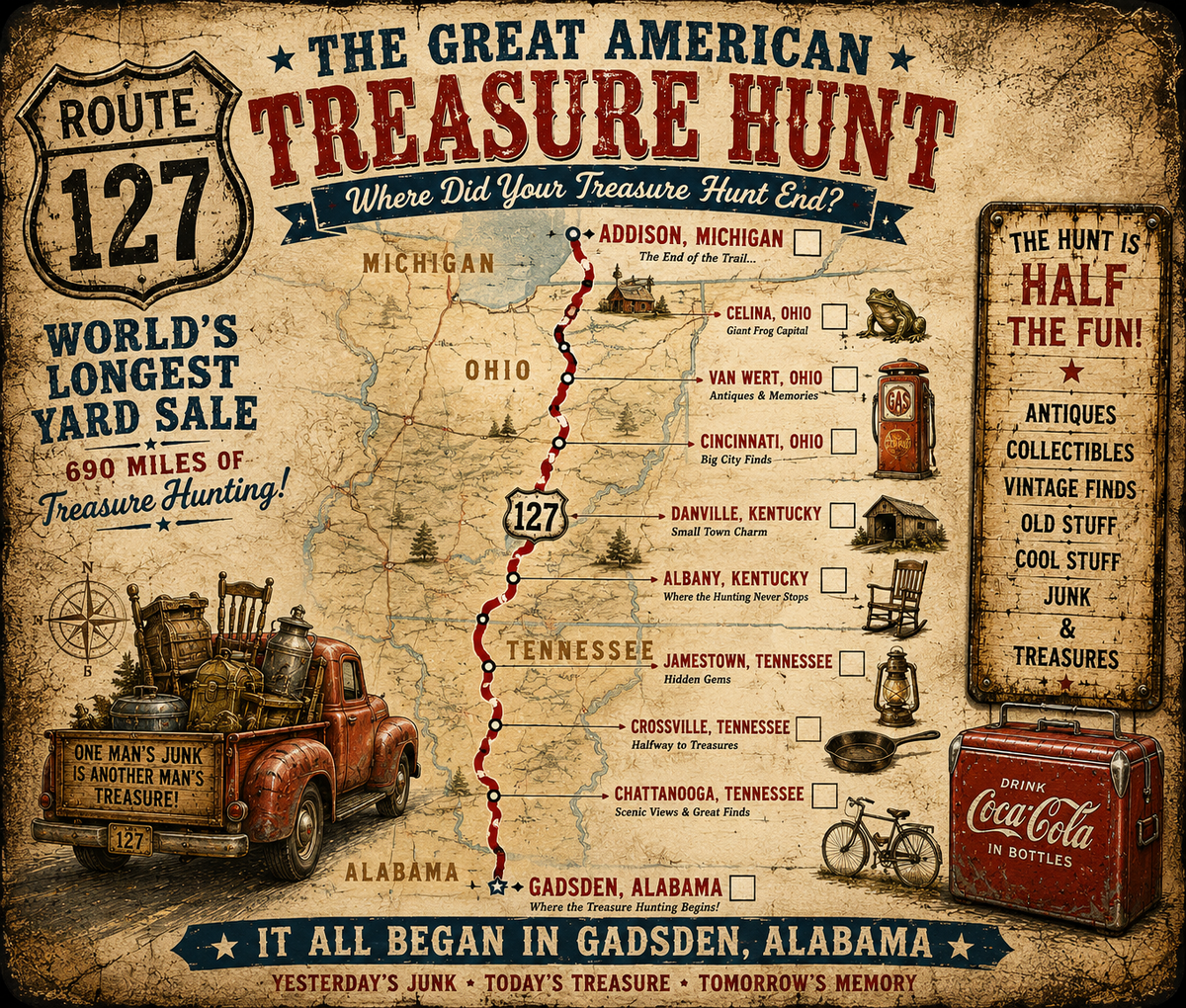 The Great American Treasure Hunt – Route 127 World's Longest Yard Sale Map T-Shirt