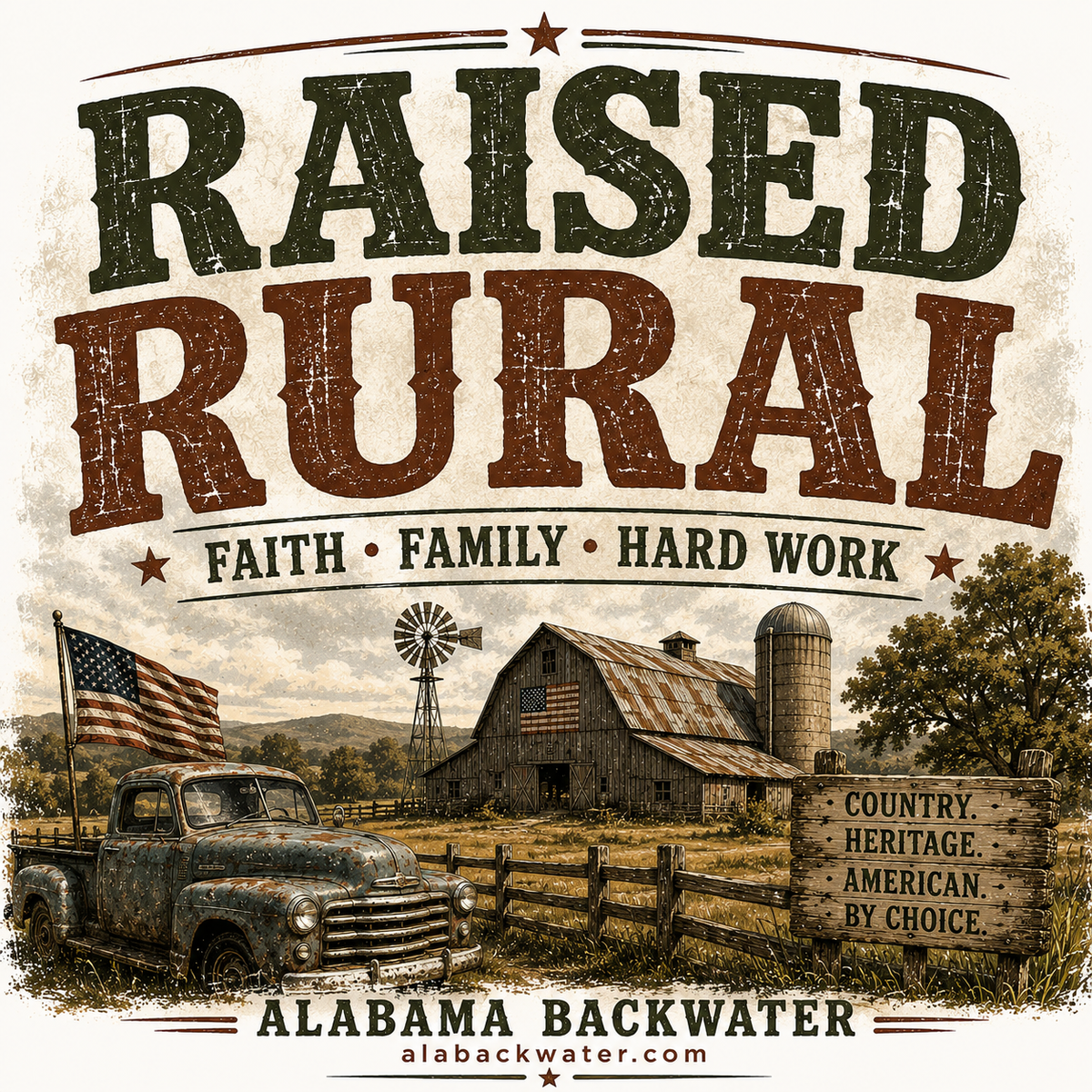 Raised Rural – Faith, Family & Hard Work Alabama T-Shirt