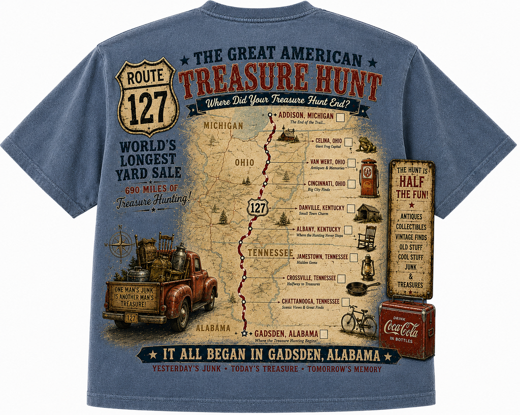 The Great American Treasure Hunt – Route 127 World's Longest Yard Sale Map T-Shirt